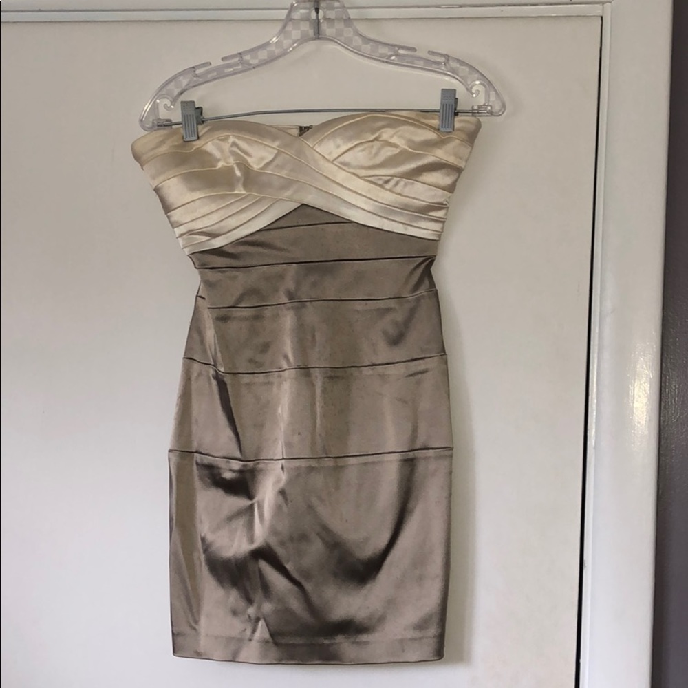 Gold Bebe mini strapless dress
